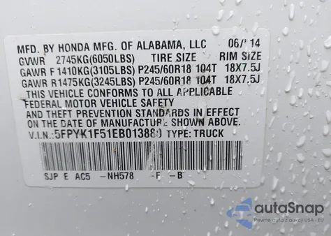 2014 Honda Ridgeline Rtl from USA, damaged, VIN 5FPYK1F51EB013880